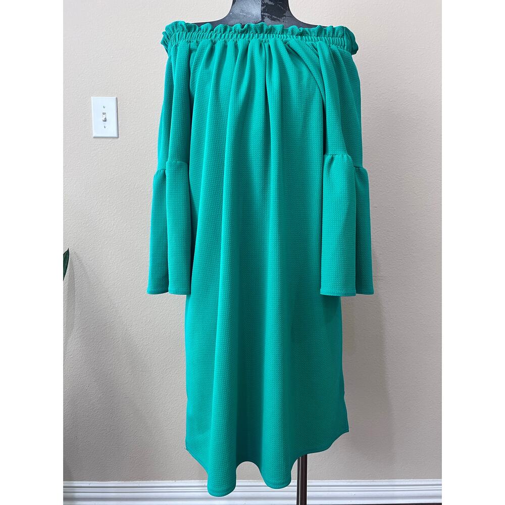 Ashley Stewart Teal Off Shoulder Bell Sleeve Baby Doll Dress Size 14/16 NWT